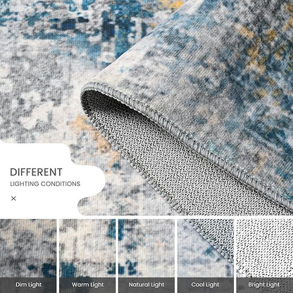 Ompaa Living Room Rug 5x8 Ultramarine Area Rug Machine Washable Boho Rug Non Slip Abstract Vintage Indoor Large Rugs for Bedroom, Classroom, College Dorm, Farmhouse, Dining Room, Kids Playroom
