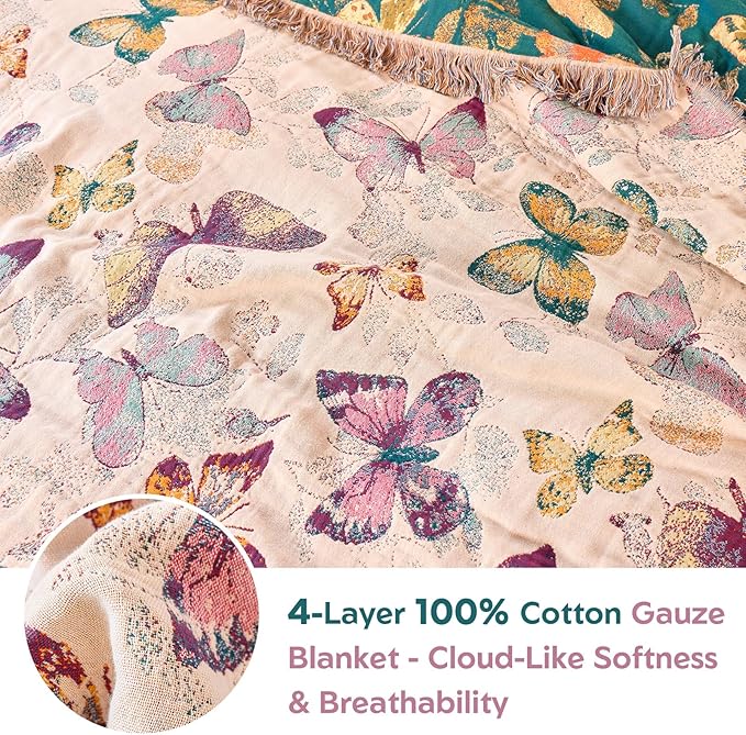 MSGKV Boho Throw Blanket for Bed Cotton Butterfly Twin Size Couch Blanket 60"x80" Muslin Spring Breathable All Seasons Lightweight Farmhouse Blankets