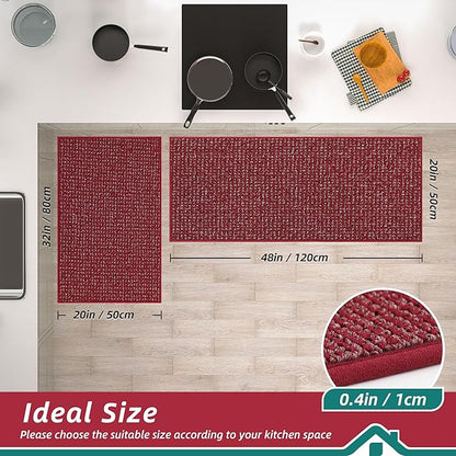 BEQHAUSE Kitchen Rugs and Mats 2PCS, Non-Slip Kitchen Mats for Floor, Absorbent and Stain Resistant Kitchen Runner, Machine Washable Rugs for Kitchen, Laundry & Sink, 20"x32"+20"x48", Red