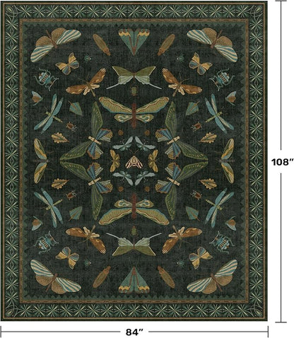Hazo Haus 7x9 Insect Dark Green Rugs for Living Room, Boho & Forest Design Area Rug for Dining Room Under Table, Bedroom, Unique Washable Floral Non Slip Low Pile Soft Rug