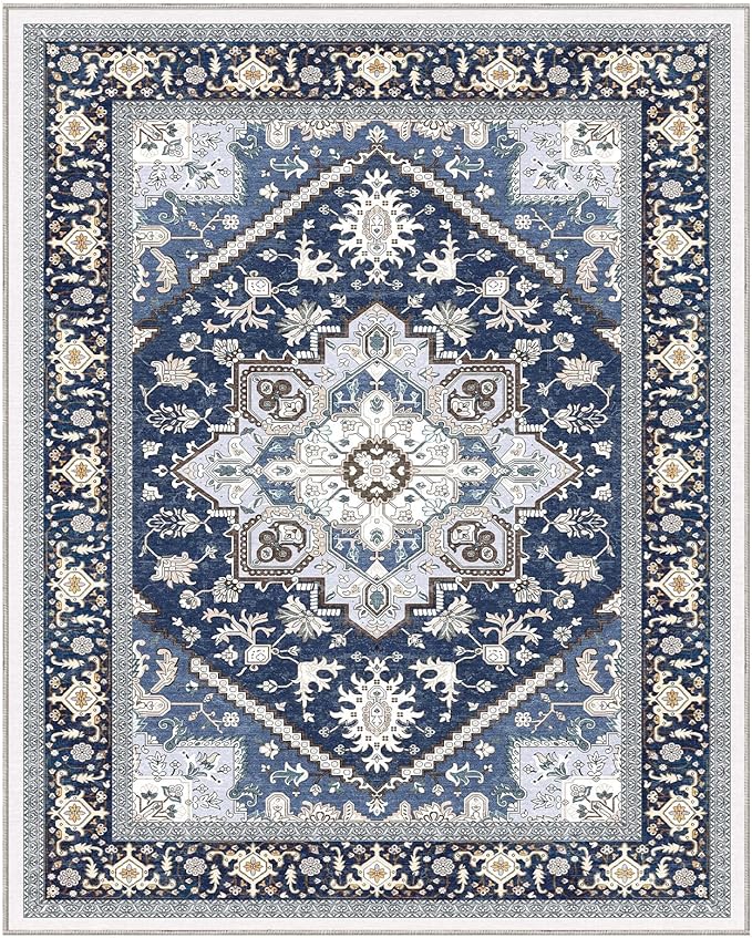 OPPODREAM Soft 8x10 Area Rugs for Living Room, Washable 8x10 Rugs for Bedroom with Non Slip Backing, Faux Cashmere Low-Pile 8 x 10 Carpet, Navy Blue & Gold