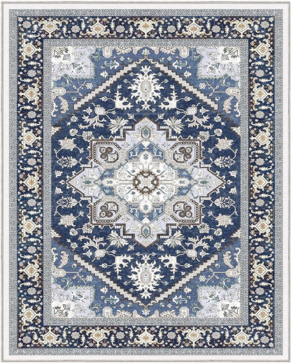 OPPODREAM Soft 8x10 Area Rugs for Living Room, Washable 8x10 Rugs for Bedroom with Non Slip Backing, Faux Cashmere Low-Pile 8 x 10 Carpet, Navy Blue & Gold
