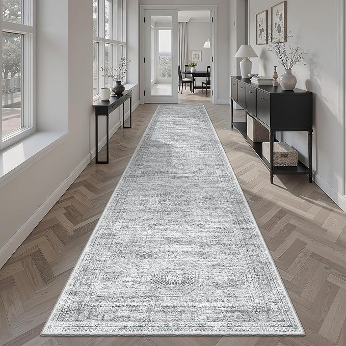 Runner Rug 2x12 Washable Non-Slip Hallway Runner Rugs for Kitchen Bathroom Laundry Room Grey Vintage Floor Carpet Runners for Hallways Entryway