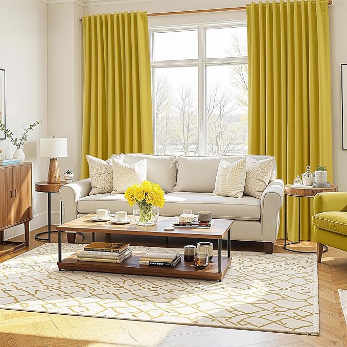Guken 100% Blackout Curtains 108 Inch Length 2 Panels Set for Living Room Bedroom Back Tab Thermal Insulated Black Out Linen Drapes Room Darkening Celery Yellow,52x108