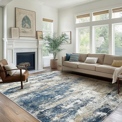 BEIMO Machine Washable Rug 8x10 Area Rugs for Living Room Bedroom, Large Navy Blue Beige Abstract Area Rug Soft Throw Rugs, Low-Pile Floor Carpet with Non Slip Rubber Backing