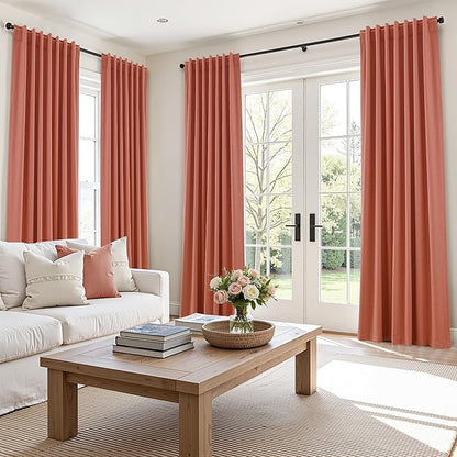Guken Coral 100% Blackout Linen Curtains 108 Inch Length 2 Panels Set for Living Room Bedroom Back Tab Rod Pocket Thermal Insulated Farmhouse Black Out Drapes Room Darkening,52x108