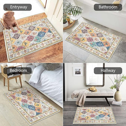 HEBE Washable Area Rug - 2'x3' Non Slip Soft Distressed Medallion Bedroom Boho Living Room Accent Throw Vintage Entry Floor Carpet for Dining Room Bathroom Entryway