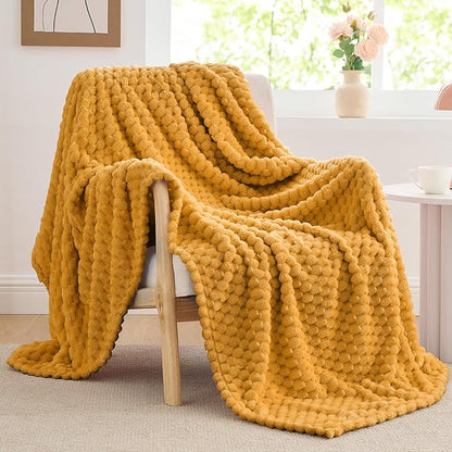 BEDELITE Fleece Blanket Twin Size for Bed Couch, 3D Jacquard Decorative Mustard Yellow Throw, Soft and Cozy Warm Plush Fuzzy Blanket All Seasons Suitable, 60x80Inches