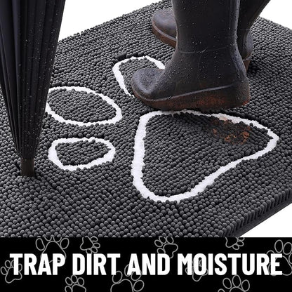 Smiry Dog Door Mat for Muddy Paws, Absorbent Dirt Trapper Non Slip Quick Dry Washable Chenille Mat for Mud Dogs, Entry Rug for Indoor and Outdoor (59x32 Inches, Dark Grey and White)