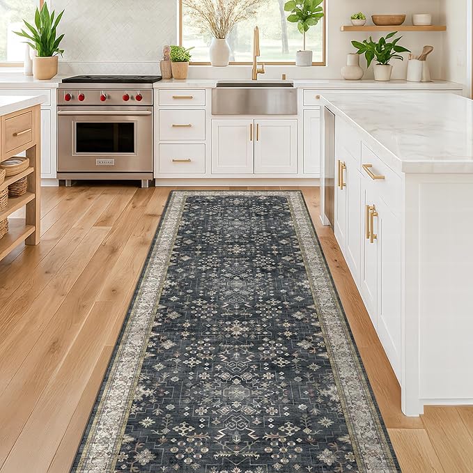 Black Washable 8ft Long Runners for Hallways, 3x8 Kitchen Runner Rug, Entryway Indoor Runner, Non Slip Boho Vintage Floor Décor for High Traffic Area