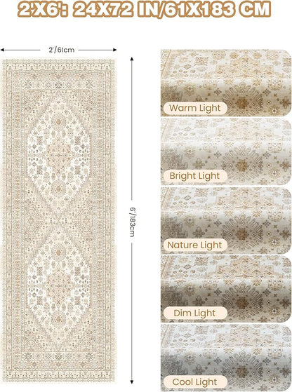 Runner Rug 2x6, Ultra-Thin Entryway Rug Non Slip Washable Rugs for Laundry Room, Runners for Hallways, Vintage Soft Rugs for Living Room, Kitchen, Bedroom(Cream/Beige,2'x6')