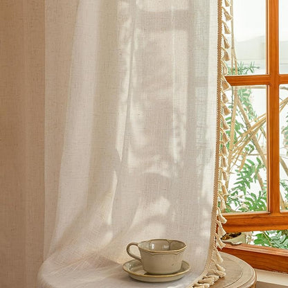 MYSKY HOME Natural Boho Sheer Curtains with Macrame 63 Inches Length for Short Window Treatment, Back Tab Design Light Filtering Privacy Drapes Farmhouse Home Decor，50" W×63" L, Natural，2 Panels