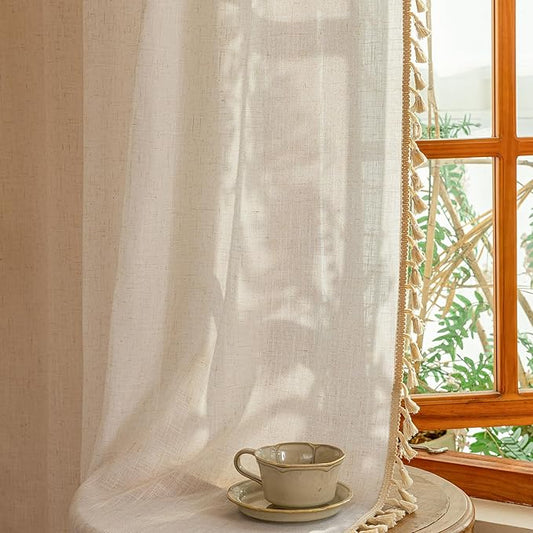 MYSKY HOME Natural Boho Sheer Curtains with Macrame 63 Inches Length for Short Window Treatment, Back Tab Design Light Filtering Privacy Drapes Farmhouse Home Decor，50" W×63" L, Natural，2 Panels