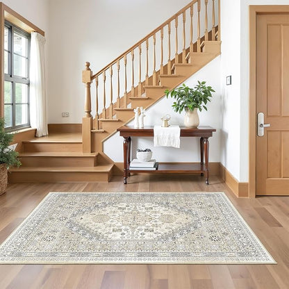 3x5 Washable Area Rug for Entryway, Kitchen Rugs Non Slip for Dining Room, Vintage Floral Soft Living Room Rug, Thin Area Rug Indoor for Bedroom, Kids Room Decor(Beige,3'x5')