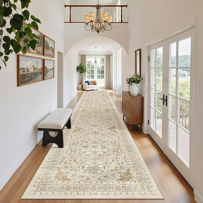 Madane Hallway Runner Rug 2'6''x14', Non Slip Vintage Runners for Hallways Washable Kitchen Rugs Soft Low Pile 2.5x14 ft Rug Runner for Laundry Room, Entryway and Bedroom, Beige/Blue