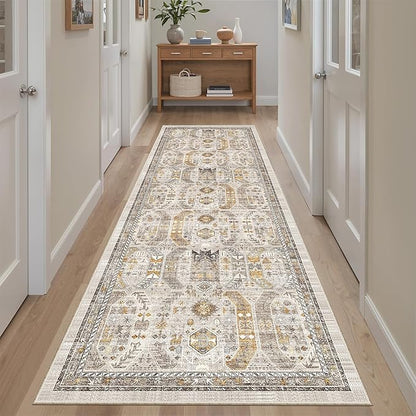 Madane Runner Rug 2'6''x8' Kitchen Runner, Hallway Runner Printed Vintage Washable Rugs Soft Non-Slip Low Pile 2.5x8 ft Runners for Hallways Laundry Room Rug Distressed Rug, Brown/Gold