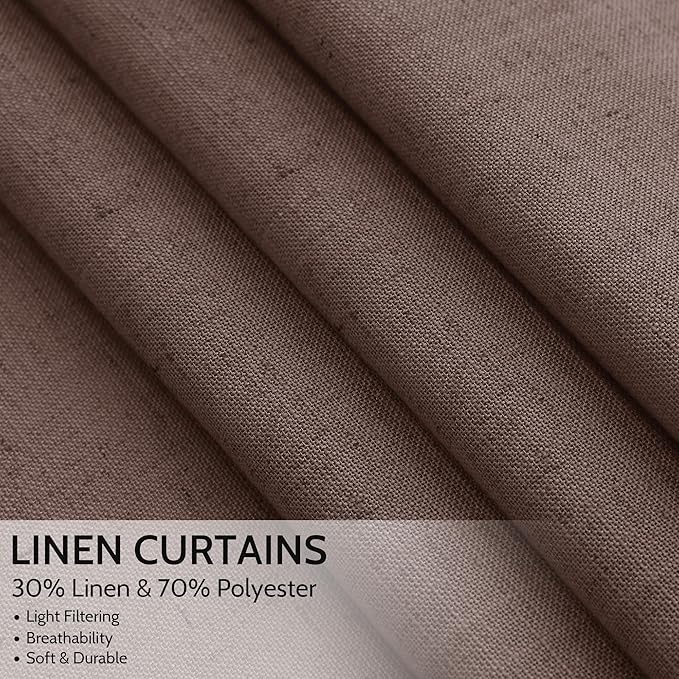 Cappuccino Linen Curtains 90 Inch Long 2 Panels Set for Bedroom Living Room, Soft Linen Textured Window Drapes Semi Sheer Light Filtering Rod Pocket Back Tab Morden Style 52x90