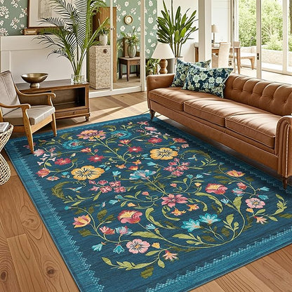 GarveeHome Washable Rug 9x12 Area Rugs for Living Room, Floral Rug for Bedroom, Soft Vintage Non Slip Throw Rugs with Rubber Back, Low Pile Stain Resistant Boho Floral Carpet for Dining Room, Blue