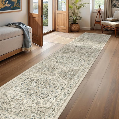 Runner Rug 2x10, Ultra-Thin Kitchen Rugs Non Slip Washable Rugs for Entryway Rug, Kitchen Runner Low Pile Vintage Soft Carpets for Living Room, Bathroom Bedroom (Brown/Beige,2'x10')