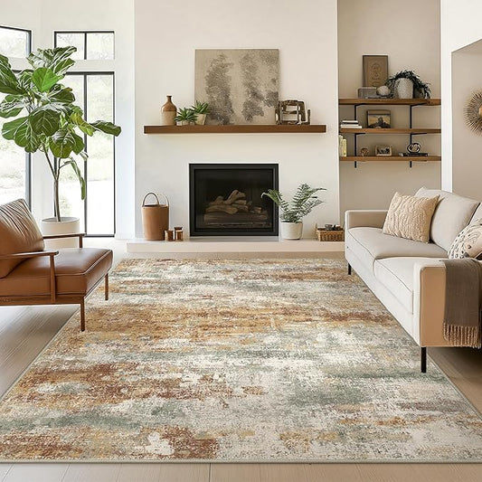 BEIMO Area Rugs 9x12 for Living Room Bedroom, Modern Abstract Machine Washable Rug, Large Soft Low Pile Floor Cover with Non Slip Backing for Dining Room, Orange Green