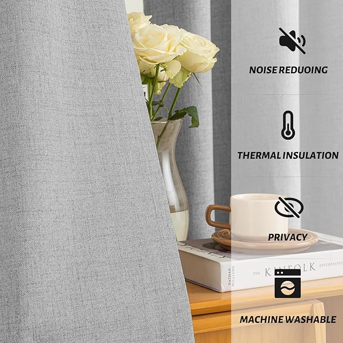 Yakamok Dove Grey Linen Curtains 100% Blackout 96 Inches Long,Room Darkening Textured Curtains for Living Room Thermal Grommet Bedroom Drapes 2 Panels with Greyish White Liner