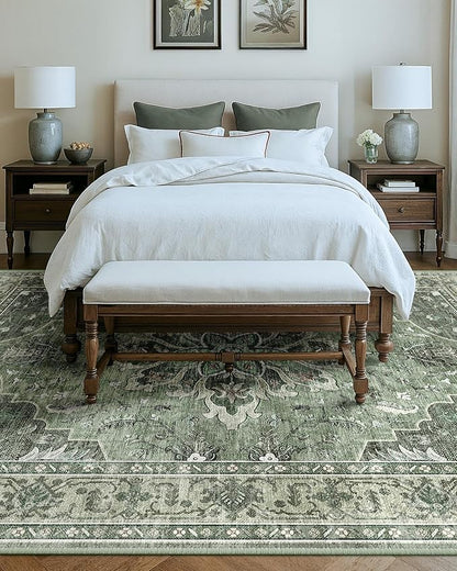 Area Rugs 10'x14' Washable Non-Slip, Floral Vintage Distress Print Pattern Medallion Carpet for Living Room Bedroom Dining Room, Dark Green Gray