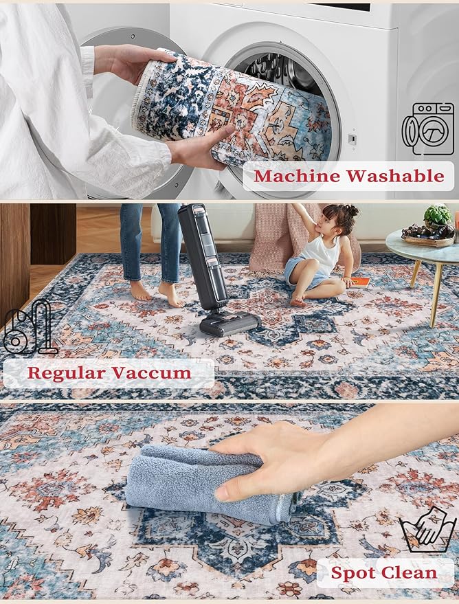 SERISSA Runner Rug for Hallways, 2'6"x12' Washable Non Slip Kitchen Runner Rug, Extra Long Boho Rug Ultra Soft Vintage Blue Orange Floor Carpet for Bedroom Hallway Entryway Bathroom Laundry Room