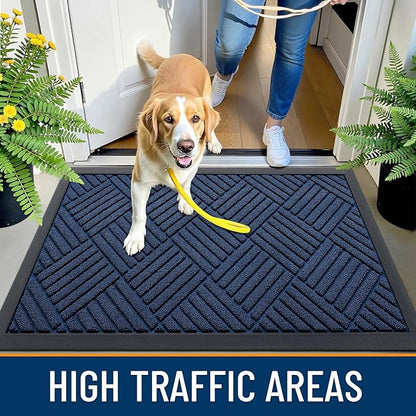 OLANLY Front Door Mat Outside Entrance 47x23, Absorbent, Heavy Duty Sturdy Natural Rubber Doormat Indoor Outdoor, Stain Fade Resistant, Non-Slip Low Profile Floor Mat for Entryway, Navy Blue Diamond