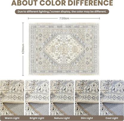 zesthome 5x7 Area Rugs - Ultra-Thin Washble Rug, Stain Resistant Anti Slip Backing Rugs for Living Room,Bedroom, Vintage Home Decor Area Rug (Beige,5'x7')