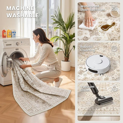 zesthome 10x12 Area Rugs,Stain Resistant Washable Rug,Ultra-Thin Rugs for Living Room,Bedroom,Non-Slip Backing Home Decor Large Area Rug (Cream/Beige,10'x12')