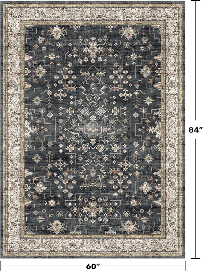 Black Boho Living Room Rug 5x7, Washable Dark Vintage Moody Low Pile Non Slip Carpet for Bedroom, Dinning Room, Office, Farmhouse, Retro Area Rug Indoor Decor (5x7 Black/Multi)