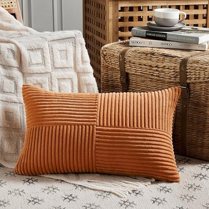 Fancy Homi 2 Packs Burnt Orange Lumbar Decorative Throw Pillow Covers 16x28 Inch for Living Room Couch Bed Sofa, Farmhouse Boho Home Decor, Soft Striped Corduroy Rectangle Accent Cushion Case 40x70 cm