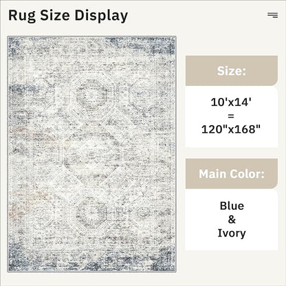 10x14 Area Rugs for Living Room, Non Slip Machine Washable Vintage Rugs, Low Pile Lightweight Large Rug for Bedroom, Dining Room, Home Office Blue Ivory