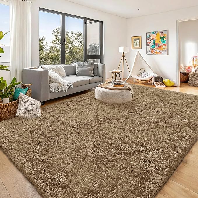 OLANLY 9x12 Machine Washable Large Area Rugs for Living Room, Bedroom, Soft Fluffy Shaggy Bedside Rug, Indoor Floor Carpet for Kids Girls and Boys, Dorms, Nursery, Home Decor Aesthetic, Taupe