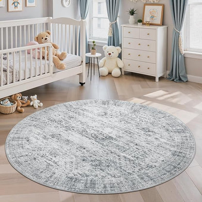 Soalmost 5x5 Grey Round Rug 5ft Living Room Circle Rug Vintage Gray Round Area Rug Non Slip Indoor Carpet for Entryway Dining Room Bedroom