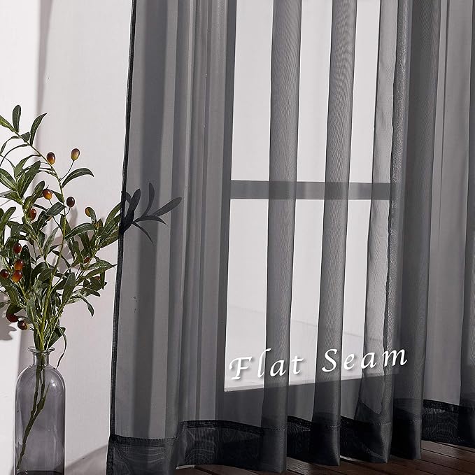 NICETOWN Living Room Sheer Curtains 108 inch Long, Eyelet Top Voile Textured Hazy Sheer Draperies Privacy with Light Penetration for Villa, W54 by L108 inches, 2 Panels, Black