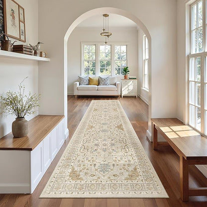 Madane Hallway Runner Rug 2'6''x10' Kitchen Runner, Non Slip Vintage Runners for Hallways 10ft Washable Kitchen Rugs Soft Low Pile 2.5x10 ft Rug Runner for Entryway and Bedroom, Beige/Blue