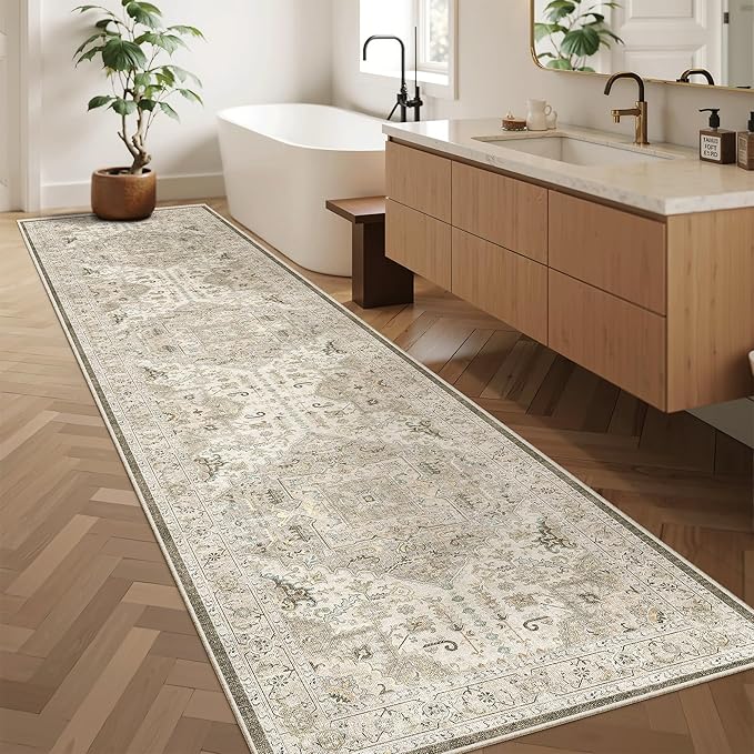 Madane Hallway Runner Rug 2'6''x10' Kitchen Runner, Non Slip Vintage Runners for Hallways Washable Kitchen Rugs Soft Low Pile 2.5x10 ft Rug Runner for Laundry Room, Entryway and Bedroom, Ivory/Brown
