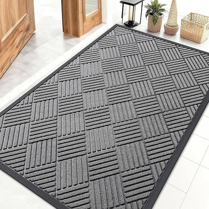 OLANLY Front Door Mat Outside Entrance 47x32, Absorbent, Heavy Duty Sturdy Natural Rubber Doormat Indoor Outdoor, Stain and Fade Resistant, Non-Slip Low Profile Floor Mat for Entryway, Grey Diamond