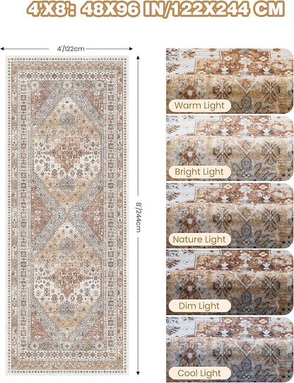 4x8 Rug for Bedroom,Wide Runner Rug for Hallway, Non Slip Washable Runner Rug for Living Room, Low Pile Soft Entryway Kitchen Rug, Vintage Home Decor Mat for Dining Room(Orange,4'x8')