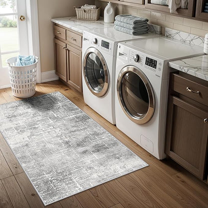 Washable 2x4 Entryway Area Rugs: Non-Slip Abstract Water Resistant Kitchen Rug Durable Doormat Soft Bedroom Carpet Indoor Low Pile Floor Mat for Bathroom Dining Room Hallway Runners(2x4,Light/Grey)