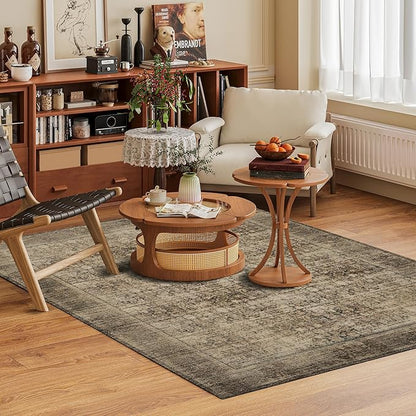 Washable Area Rug 4' x 6' Vintage Traditional Persian Mat - Foldable Distressed Non-Slip Machine Washable Carpet for Living Room Bedroom Kitchen Home Decor - Mocha and Taupe