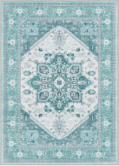 OPPODREAM Soft 6x9 Area Rugs, Washable Rug 6x9 with Non Slip Backing, Faux Cashmere Low-Pile 6 x 9 Carpet, Teal & Turquoise & Cream
