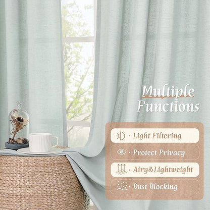 LAMIT Linen Curtains 63 Inch for Bedroom, Light Filtering Neutral Semi Sheer Window Treatment Farmhouse Curtains Rod Pocket Panels for Living Room/Dining Room, 2 Panels, 42 x 63 Inch, Light Blue