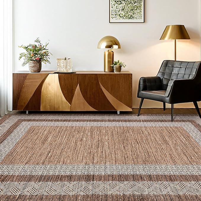 GarveeHome Small Bedroom Area Rug 3x5 Bordered Area Rug for Living Room Nursery Non Slip Kitchen Throw Carpet Low Pile Modern Rugs Washable Bathroom Mat Soft Brown Rugs for Laundry, Dark Brown