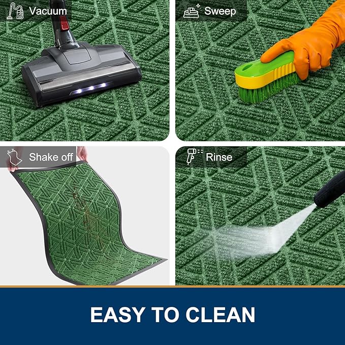 Smiry Front Door Mat Outside Entrance, Heavy Duty Sturdy Natural Rubber Doormat, Trap Dirt and Moisture, Easy Clean Low Profile Mats for Indoor Outdoor Entry, Grid Geometric (47x32, Green)