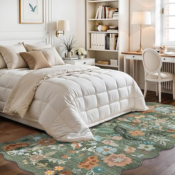 4x8 Washable Area Rug for Family: Stain Resistant Wide Floral Scalloped Kitchen Rug Soft Carpet for Entryway Bathroom Bedroom Farmhouse Living Room Floor Mat with Non Slip Backing(4x8, Floral/Green)