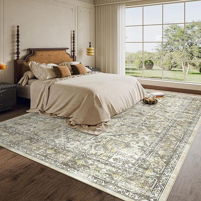 zesthome 8x10 Area Rugs for Living Room,Non-Slip Backing Washable Rugs,Vintage Large Area Rug，Stain Resistant Home Decor Rug (Beige/Brown,8'x10')