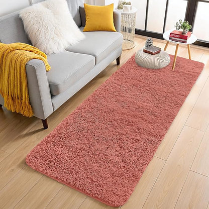 OLANLY 2x4 Machine Washable Runner Rugs for Hallway, Soft Fluffy Shaggy Bedside Rugs for Bedroom, Living Room, Indoor Floor Carpet for Kids Girls and Boys, Home Decor Aesthetic, Rust Red