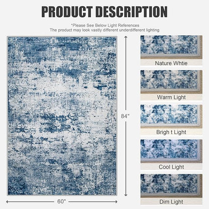 5x7 Area Rug Living Room Rug: Washable Modern Abstract Soft Thin Rug Indoor Floor No Slip Stain Resistant Carpet for Bedroom Dining Room Farmhouse Nursery Home Office - Blue